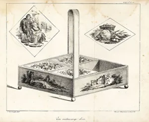Needlework box with handle and four compartments and decorated l