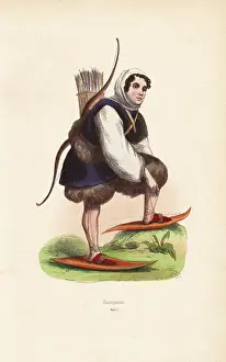19thcentury Prints: Nenets man wearing fur clothes, shirt with hood, snow shoes