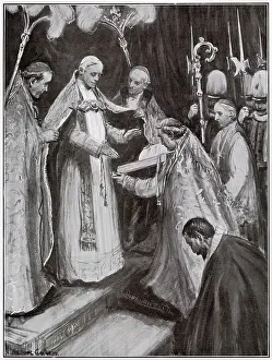 Enthroned Prints: New Pope, Pius X is seen enthroned immediately after the election