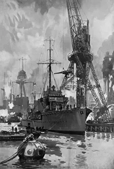 Hoist Prints: A New Tooth - hoisting new gun into a destroyer, WWI
