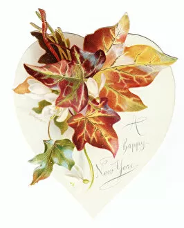 New Year card with autumn leaves and white flowers
