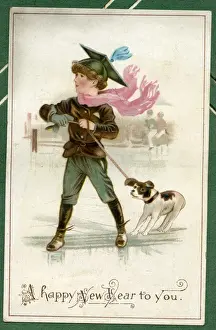 Sliding Prints: New Year card, boy on the ice with a dog