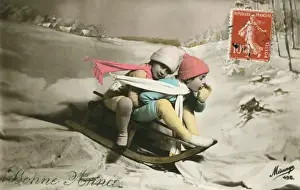 Shouting Prints: New Year card - two children on a sled