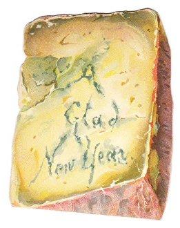 Victorian and Edwardian Christmas Cards Gallery: New Year card in the shape of a wedge of cheese