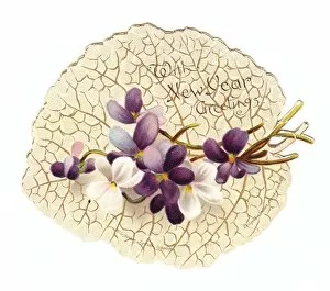 New Year card in the shape of a white leaf with violets