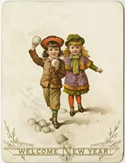 Snowballing Prints: New Year card, Victorian children snowballing