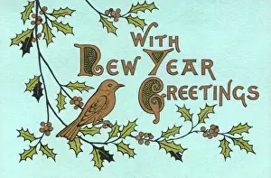 New Year greetings card with bird and holly