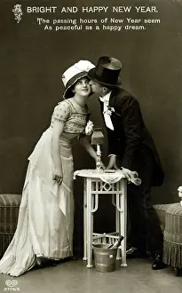New Year Greetings Card - young couple - kiss on the cheek
