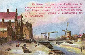 Prosperity Prints: New Years card with windmill and canal, Netherlands