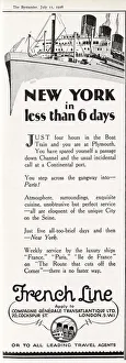 New York in less than 6 days. French Line advert. Date: 1928 New York in less than 6 days. French Line advert. Date: 1928