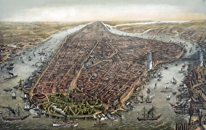 <b class=qtipBold><figcaption>New York</figcaption></b><br>New York,. Bird's-eye view of New York with Battery Park in the foreground and the Brooklyn Bridge on the right. Date c1873. Date:<br><em>© Mary Evans / Library of Congress</em> New York