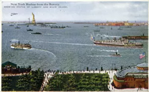 Images Dated 23rd April 2021: New York Harbour viewed from The Battery - showing Statue of Liberty and Ellis Island