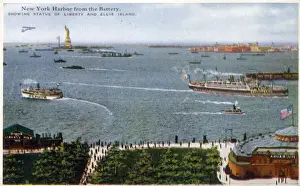 Steamship Prints: New York Harbour viewed from The Battery - showing Statue of Liberty and Ellis Island
