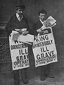 Newspaper boys holding posters announcing King Edward VII s
