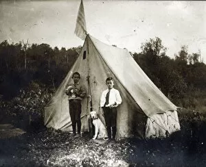 Images Dated 29th April 2020: Newton Falls, NY, USA - Two young boys camping