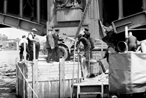 Vauxhall Prints: NFS (London Region) Trailer pumps on bridge buttress, WW2