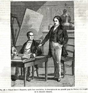 Niepce and Daguerre exchanging ideas on photography