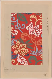 Arabesque Prints: Nishike brocade with paulownia arabesque, with red backgroun