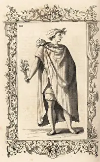 16th Century Prints: Noble Mexican man in long striped cloak knotted at the shoulder