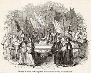 Litter Prints: A noble personage rides in a horse litter - one horse before