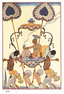 A noble woman burns incense while being carried on a palanquin