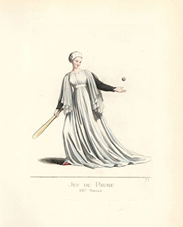 Noble woman playing jeu de paume (real tennis), 14th century Noble woman playing jeu de paume (real tennis), 14th century