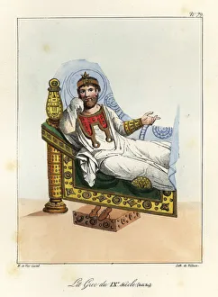 Bossange Prints: Nobleman reclining on a Byzantine bed of the 9th century