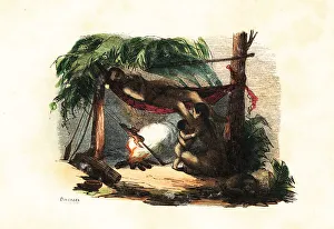 Relax Prints: Nomadic Puri family relaxing in a hut made of leaves and branche