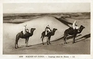 Nomadic Tuaregs riding camels amongst the Saharan Dunes - North Africa