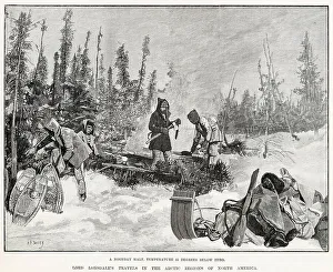 A noonday halt - a 55 degrees below zero. Scene during his expedition in 1889 through North West North America, from the North Saskatchewan River to the shores of the Arctic Ocean across Alaska to the North Pacific. Date: 1890