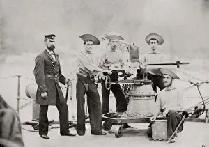 Nordenfeldt gun and gun crew on a ship