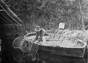 Reed Prints: Norfolk reed boat house and eel fisherman Victorian period