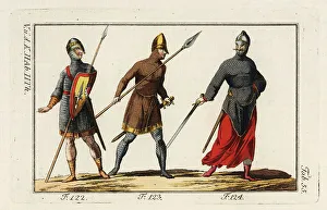 Three Norman cavalry in chainmail armor and nasal helmets