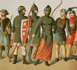 Normans, 1000-1100. From left to right: pilgrim and warriors