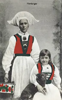 Hardanger Prints: Norway - Traditional Costume - Mother and daughter