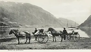 Norway - view of a Fjord with steamship and carriages
