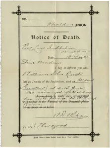 Dickensian Prints: Notice of Death from Union Workhouse, Maldon, Essex