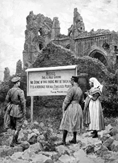 Notice Prints: Notice by ruined church, Ypres, Belgium, WW1