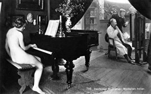 Rest Collection: Nude model on a break plays a piano