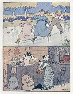 Barley Prints: Nursery Rhymes -- children on ice, lady at grocer s
