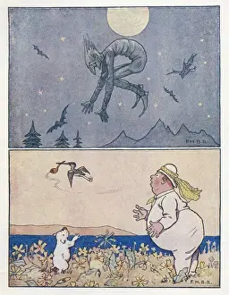 Shock Prints: Nursery Rhymes -- goblin and bats, bird stealing pipe