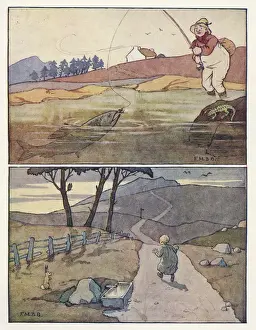 Frightened Prints: Nursery Rhymes -- man fishing, boy on road