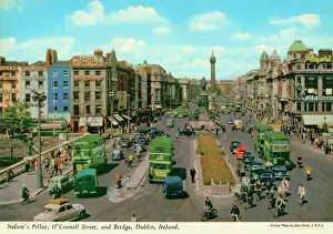 Buses Prints: O Connell St and Bridge showing Nelsons Pillar, Dublin