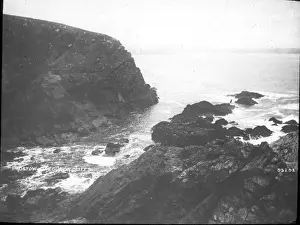 Padstow Prints: O E Simmonds aerial view of Tregudda Cliffs near Padstow