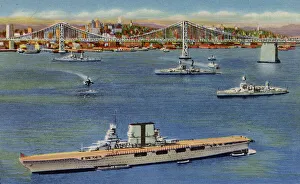 Oakland Bay Bridge and three US battleships at anchor, San Francisco, California, USA - in the foreground is USS Saratoga, CV3 aircraft carrier Date: 1936