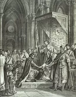 Burgos Gallery: Oath of Santa Gadea. Alfonso VI and El Cid. Engraving