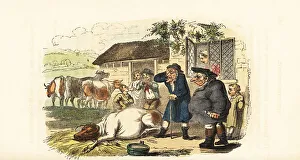 Rudolph Ackermann Prints: An obese vet examines a sick cow at a dairy farm, Georgian era