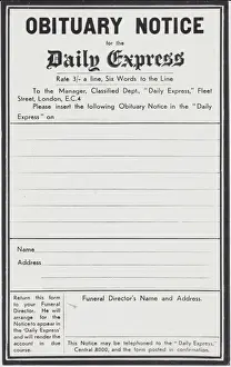 Blank Prints: Obituary notice form, Daily Express newspaper, London