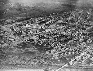 Aerial Photography Gallery: Oblique Aerial-View of a Heavily Bombed Town During WW1 ?