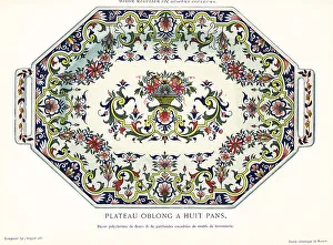 Crockery Prints: Octagonal oblong platter with polychrome design, Rouen